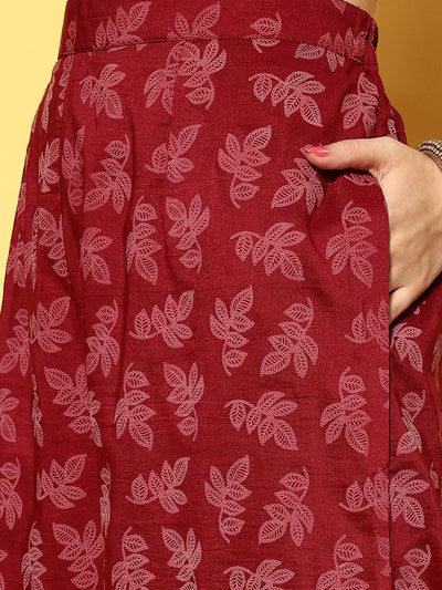 Maroon Printed Silk Blend Straight Suit Set - Libas