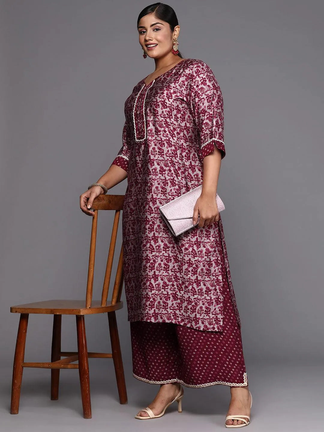 Maroon Printed Silk Blend Straight Kurta With Palazzos & Dupatta - Libas 