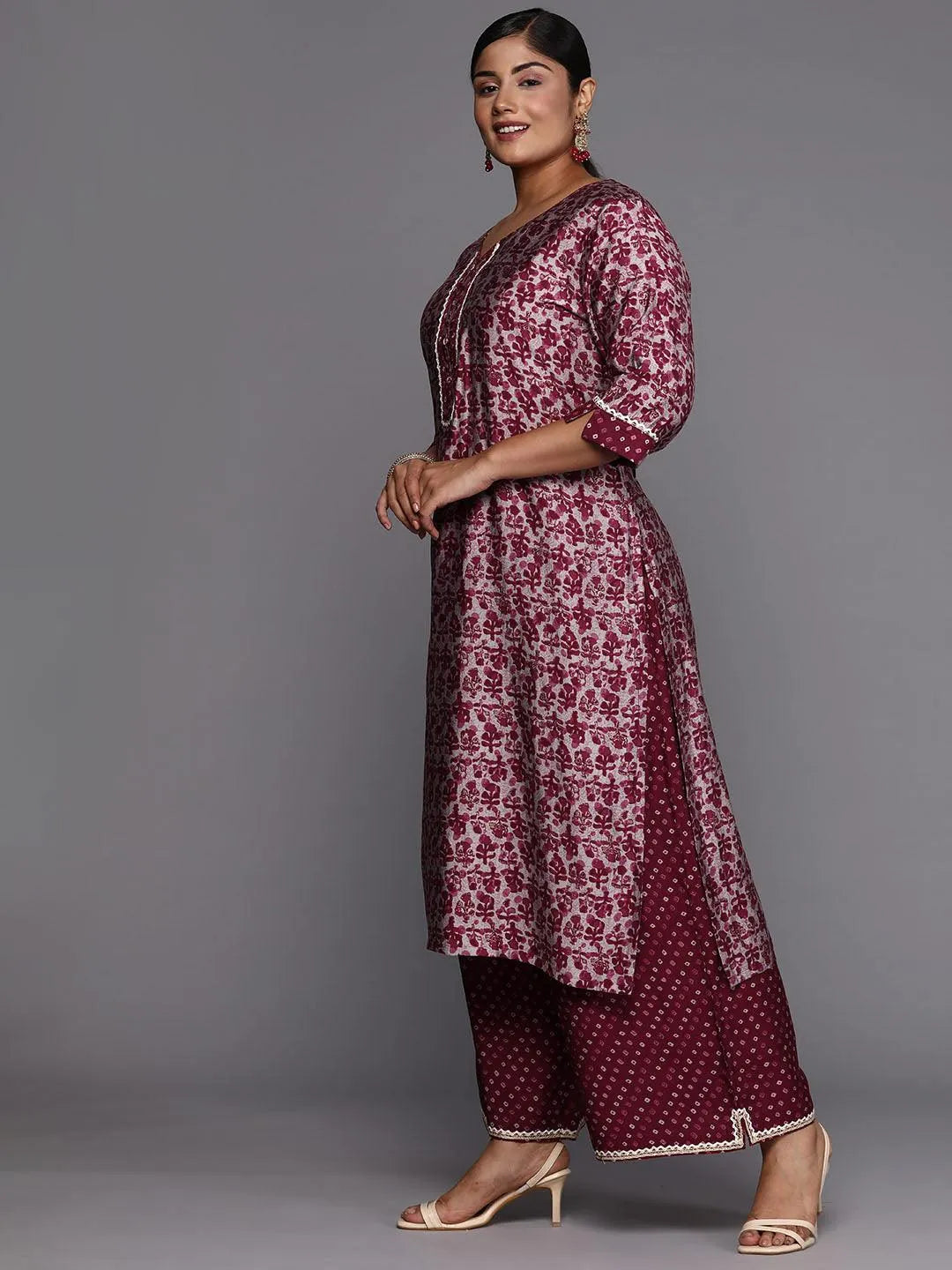 Maroon Printed Silk Blend Straight Kurta With Palazzos & Dupatta - Libas 