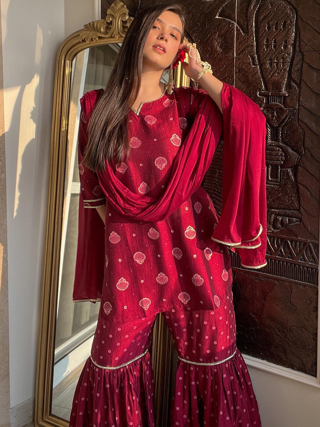 Maroon Printed Silk Blend Straight Kurta With Sharara & Dupatta