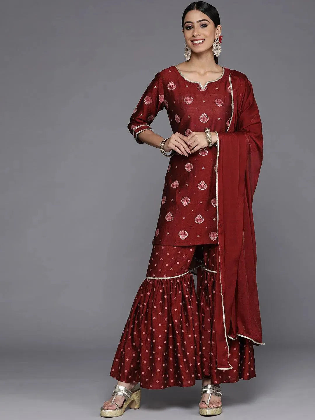 Maroon Printed Silk Blend Straight Sharara Suit Set - Libas 