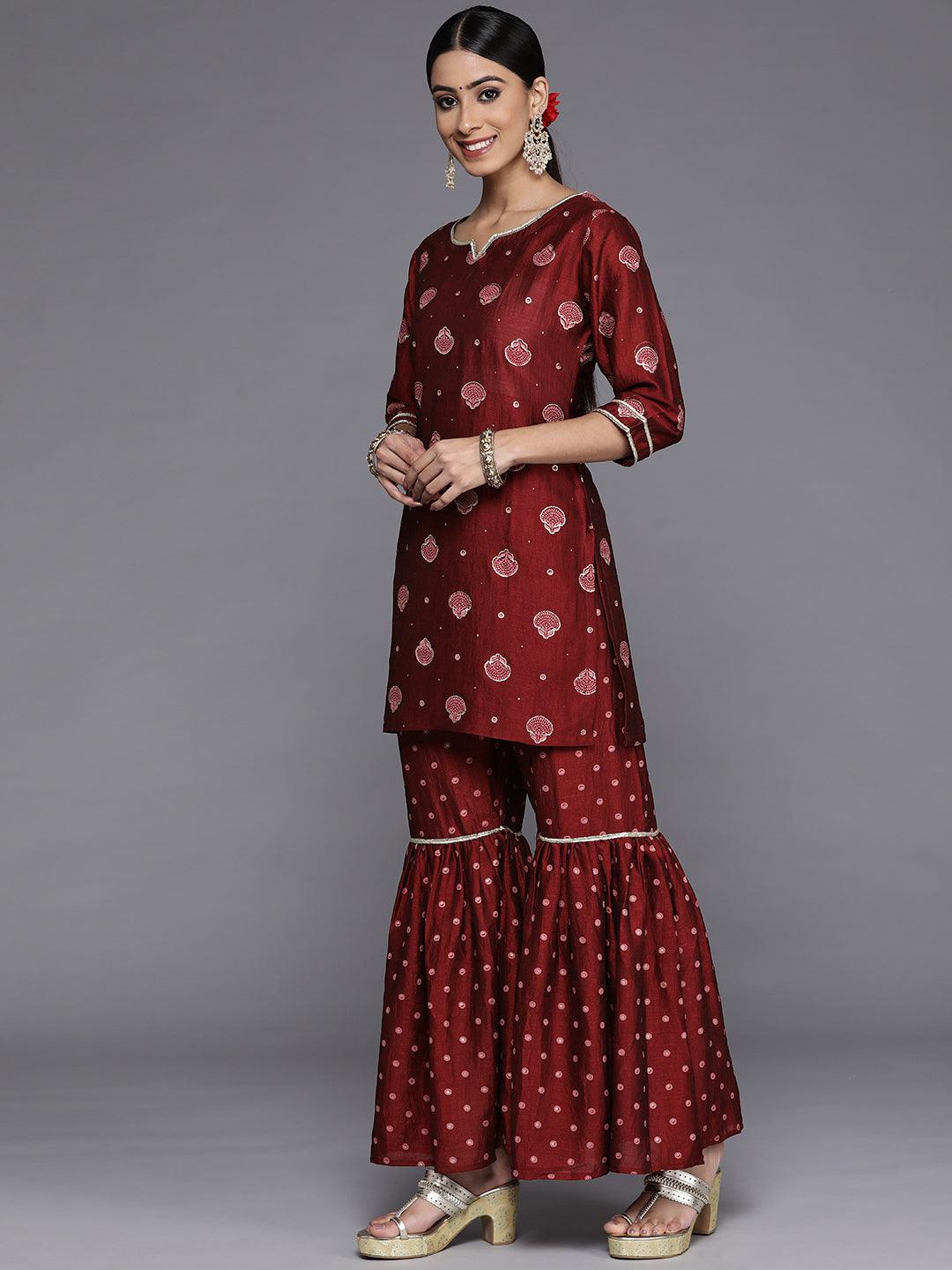 Maroon Printed Silk Blend Straight Sharara Suit Set - Libas