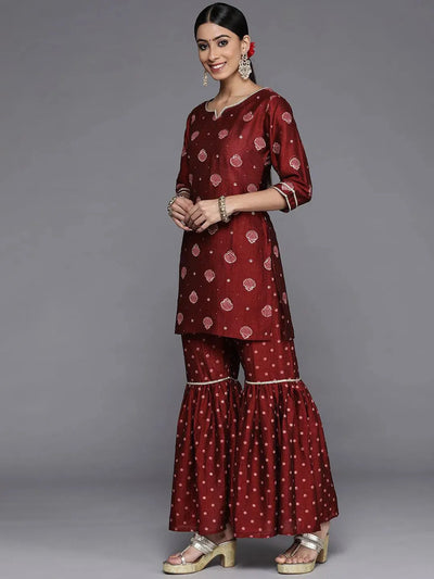 Maroon Printed Silk Blend Straight Sharara Suit Set - Libas