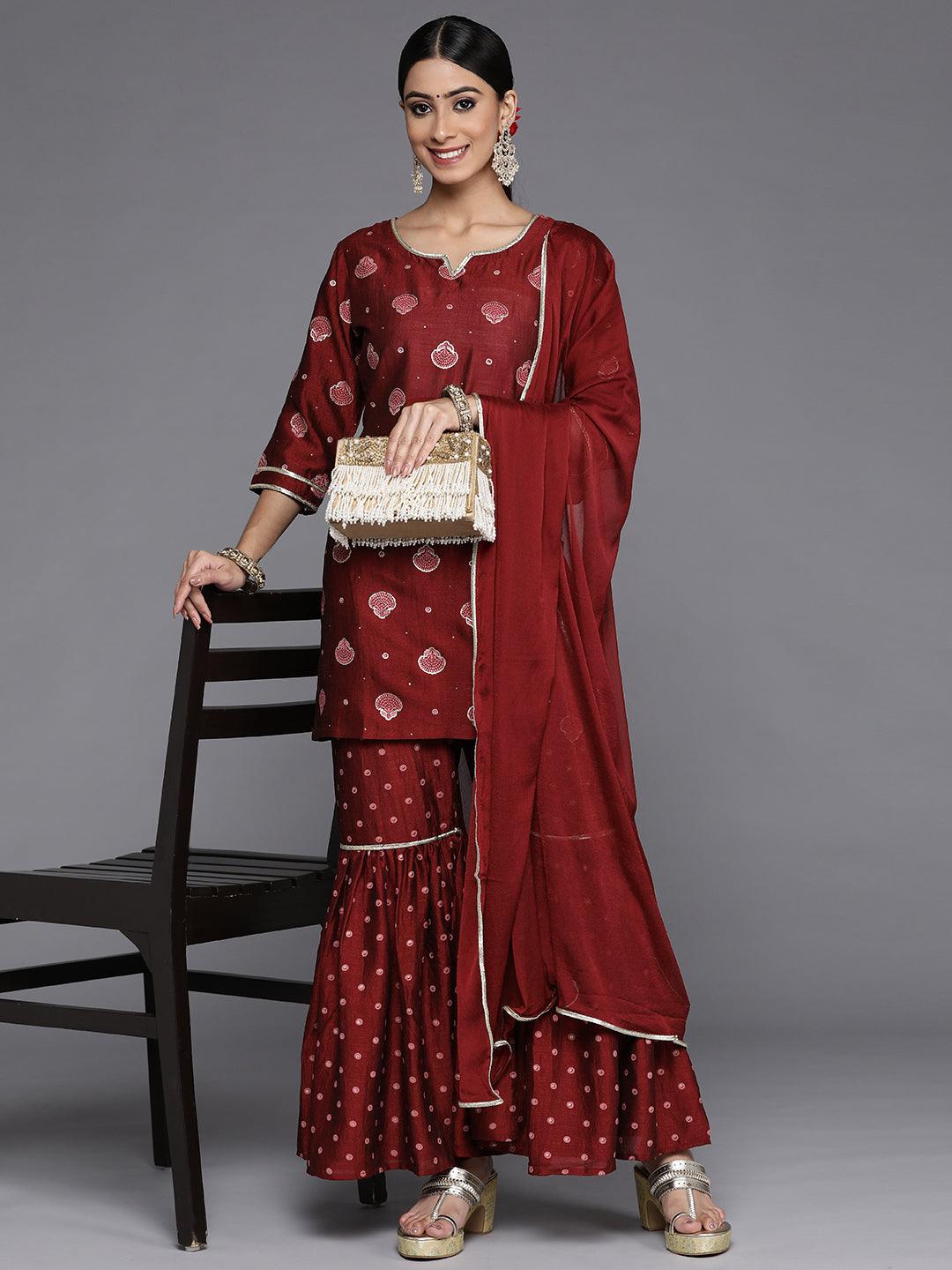 Maroon Printed Silk Blend Straight Sharara Suit Set - Libas