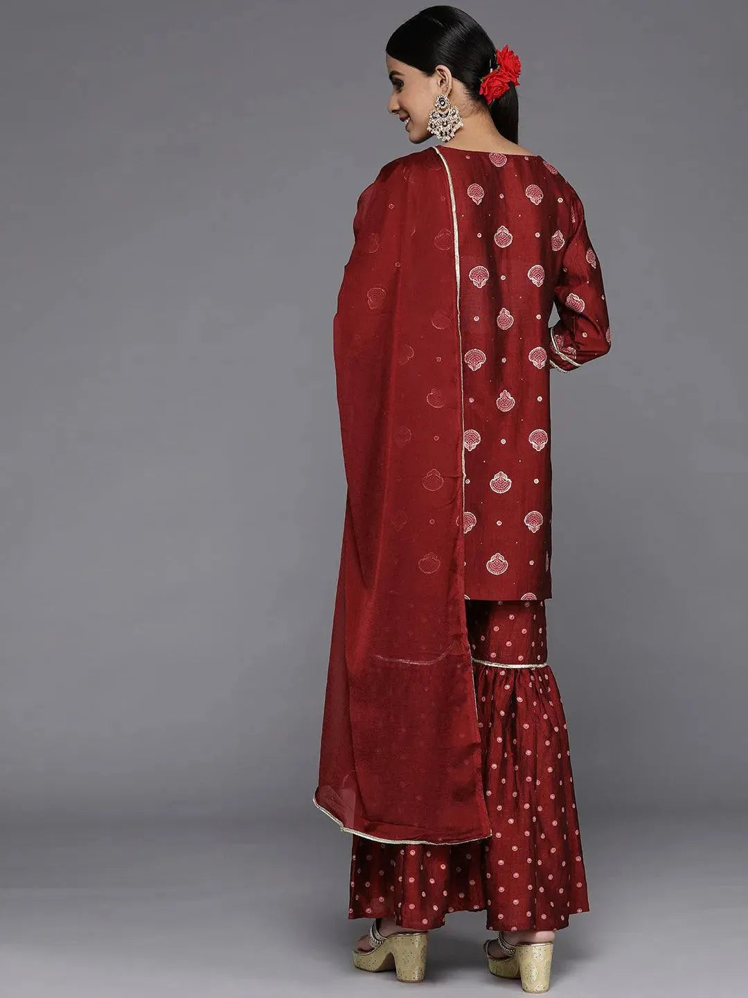 Maroon Printed Silk Blend Straight Sharara Suit Set - Libas 