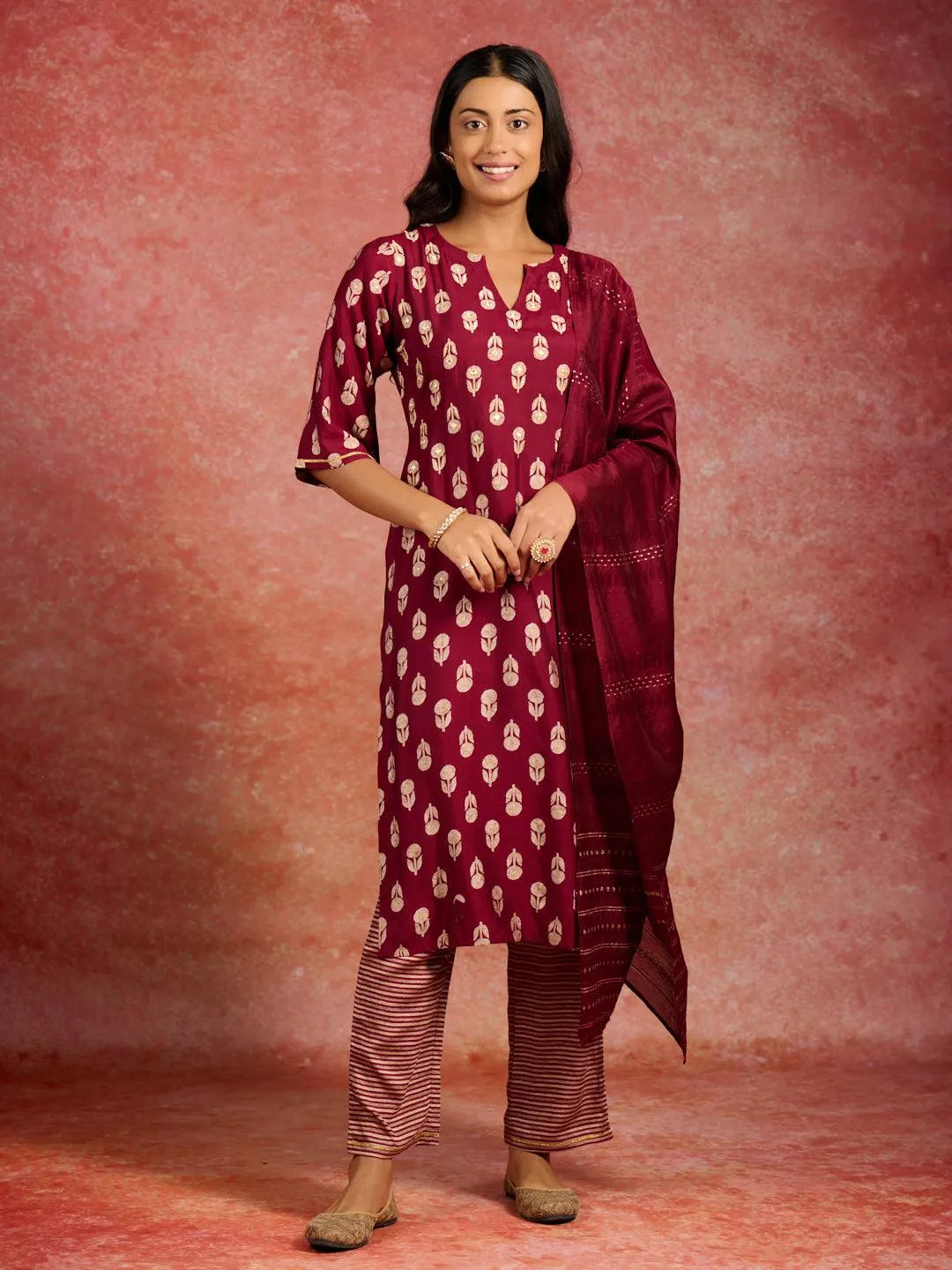 libas Maroon Printed Silk Blend Straight Suit With Dupatta-picture-62