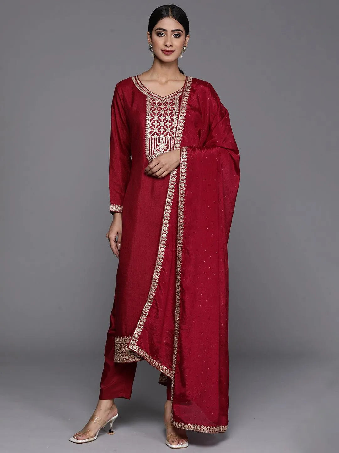 Maroon Printed Silk Blend Straight Kurta With Trousers & Dupatta - Libas 
