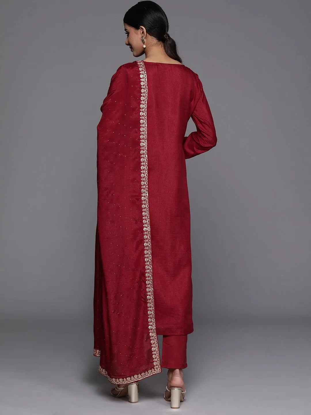 Maroon Printed Silk Blend Straight Kurta With Trousers & Dupatta - Libas 