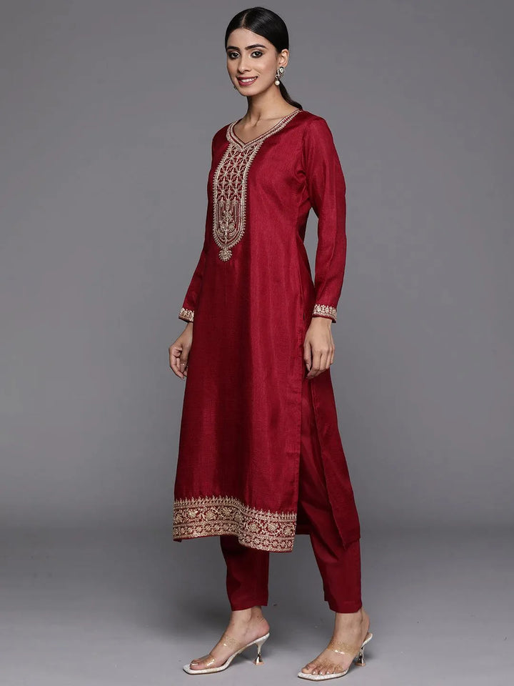 Maroon Printed Silk Blend Straight Kurta With Trousers & Dupatta - Libas
