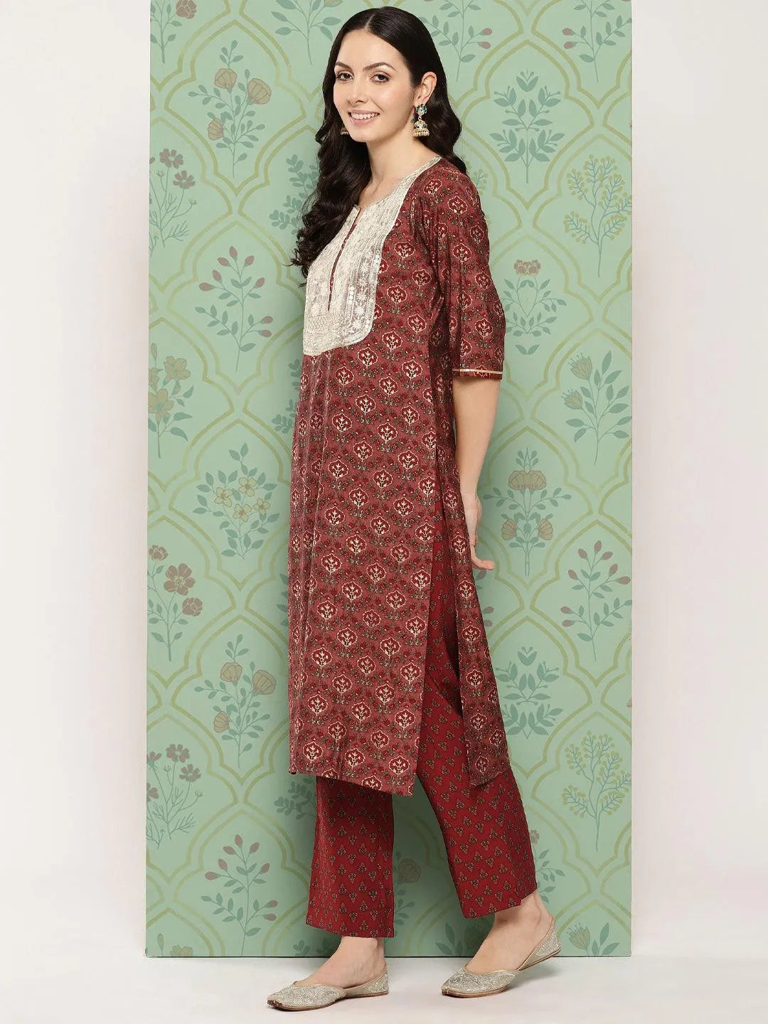 Maroon Printed Silk Blend Straight Kurta With Trousers & Dupatta - Libas 