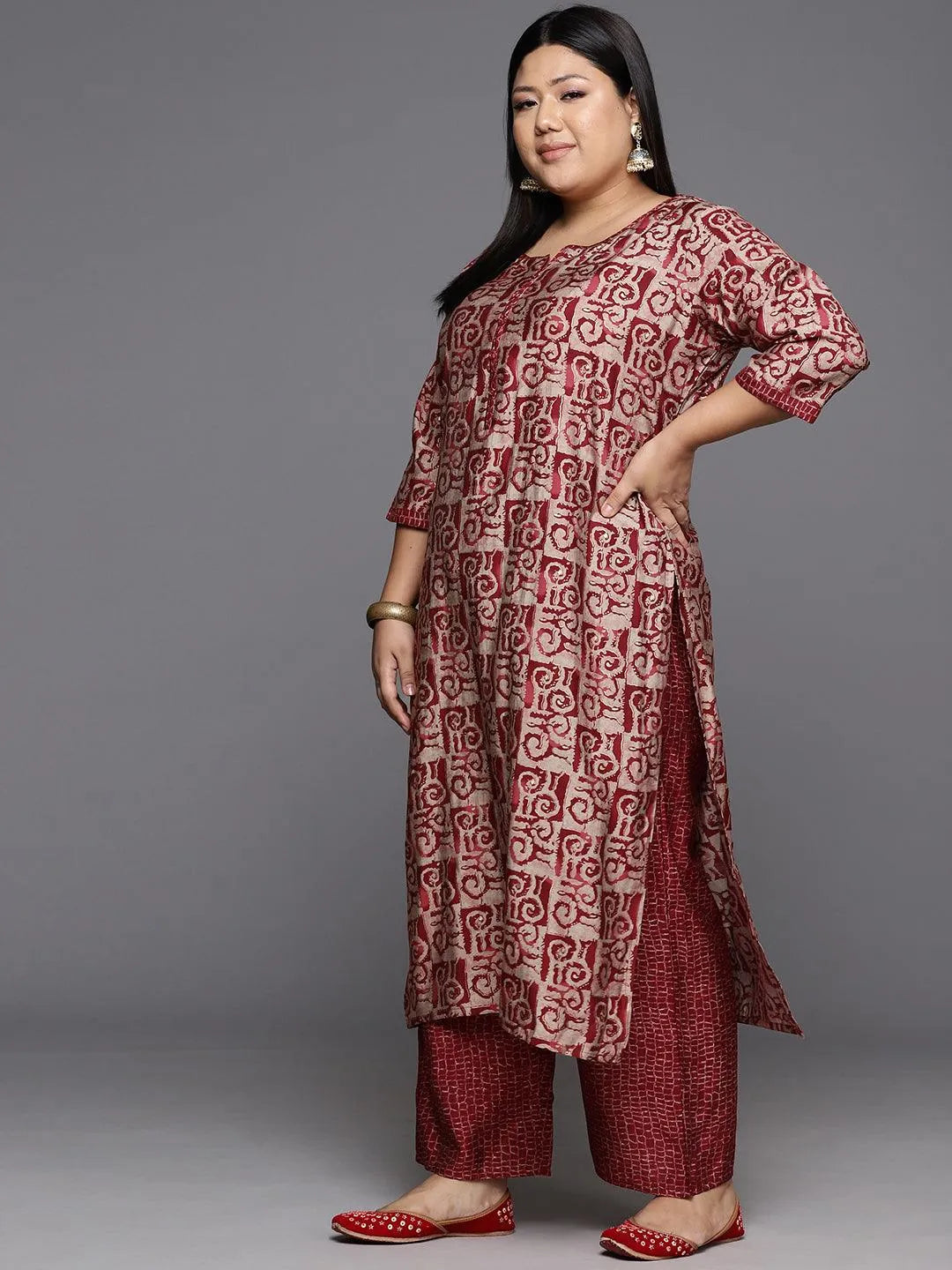 Maroon Printed Silk Blend Straight Kurta With Trousers & Dupatta - Libas 