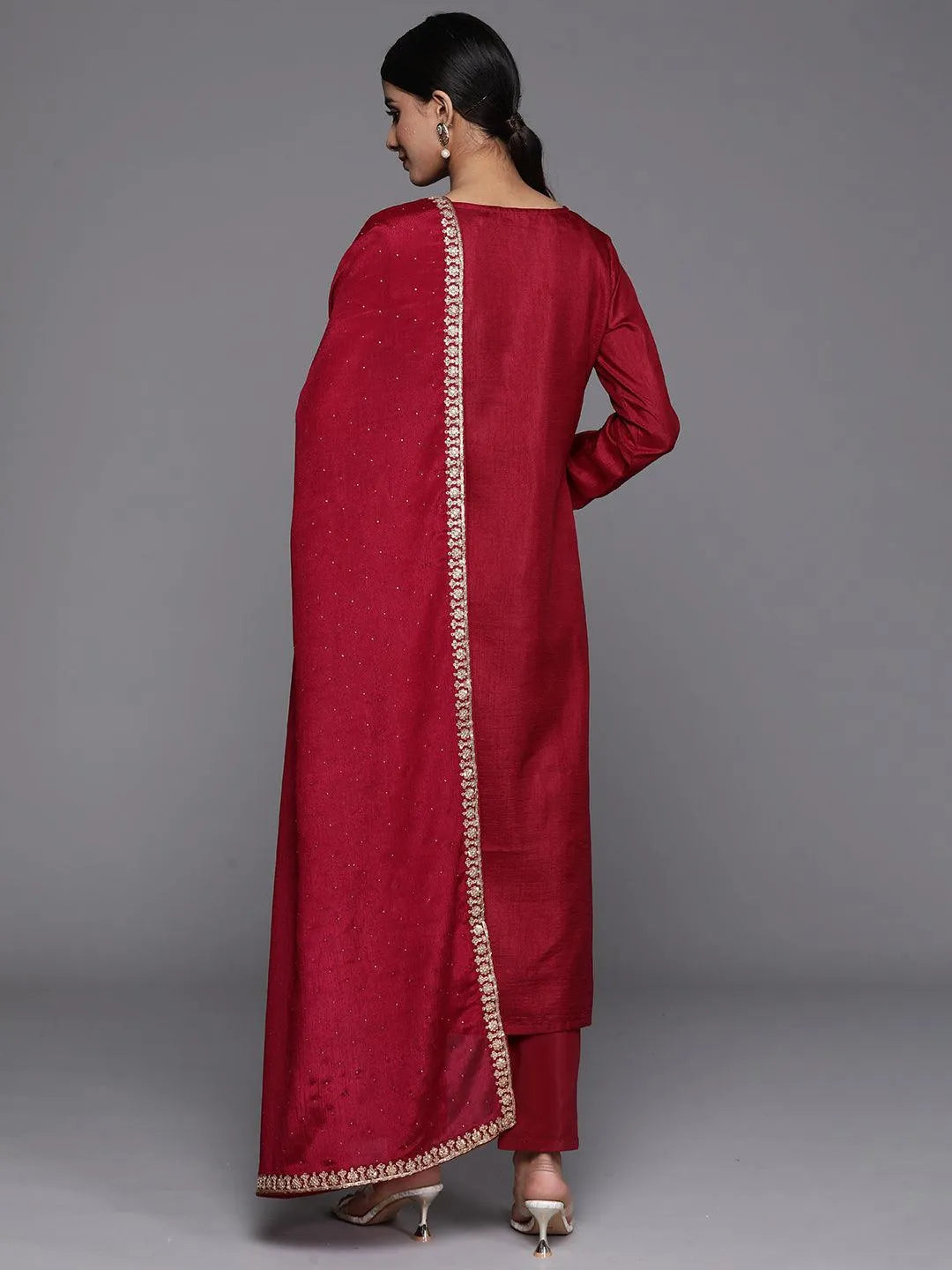 Maroon Printed Silk Blend Straight Kurta With Trousers & Dupatta - Libas 