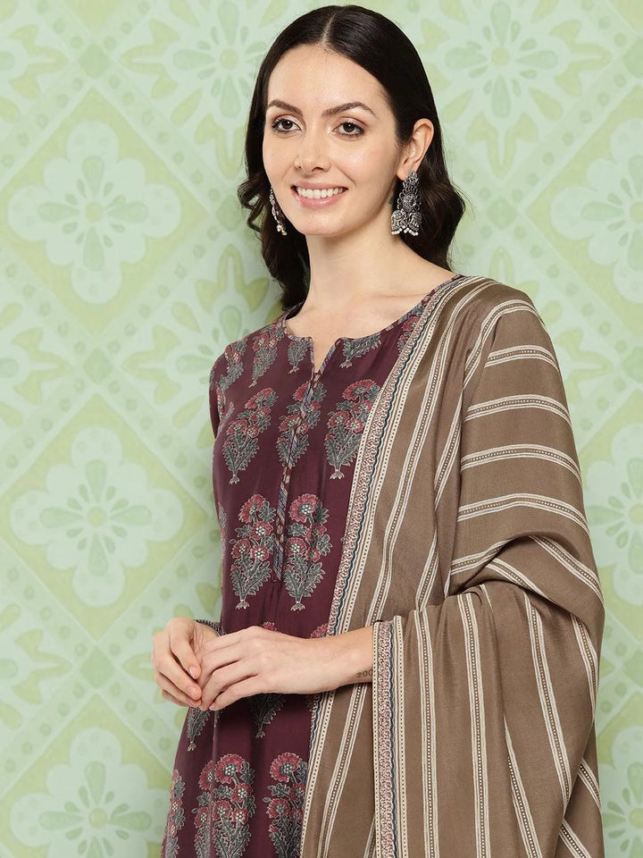 Maroon Printed Silk Blend Straight Kurta With Trousers & Dupatta - Libas