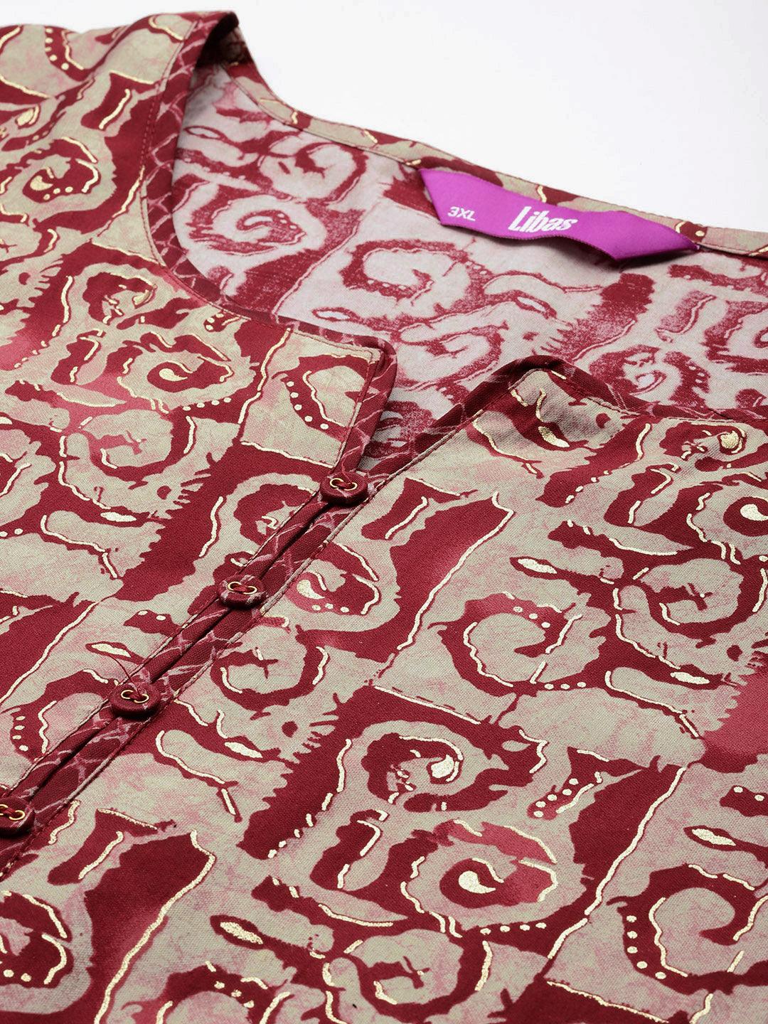 Maroon Printed Silk Blend Straight Kurta With Trousers & Dupatta - Libas