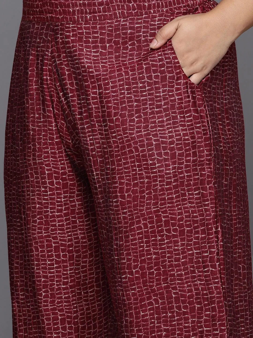 Maroon Printed Silk Blend Straight Kurta With Trousers & Dupatta - Libas 