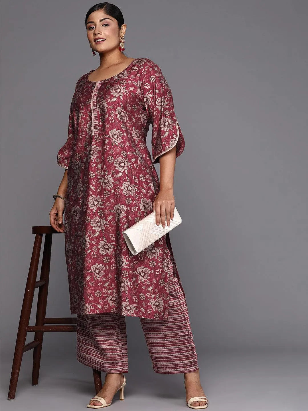 Maroon Printed Silk Blend Straight Kurta With Trousers & Dupatta - Libas 