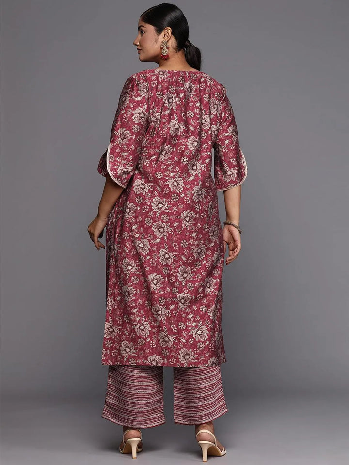 Maroon Printed Silk Blend Straight Kurta With Trousers & Dupatta - Libas