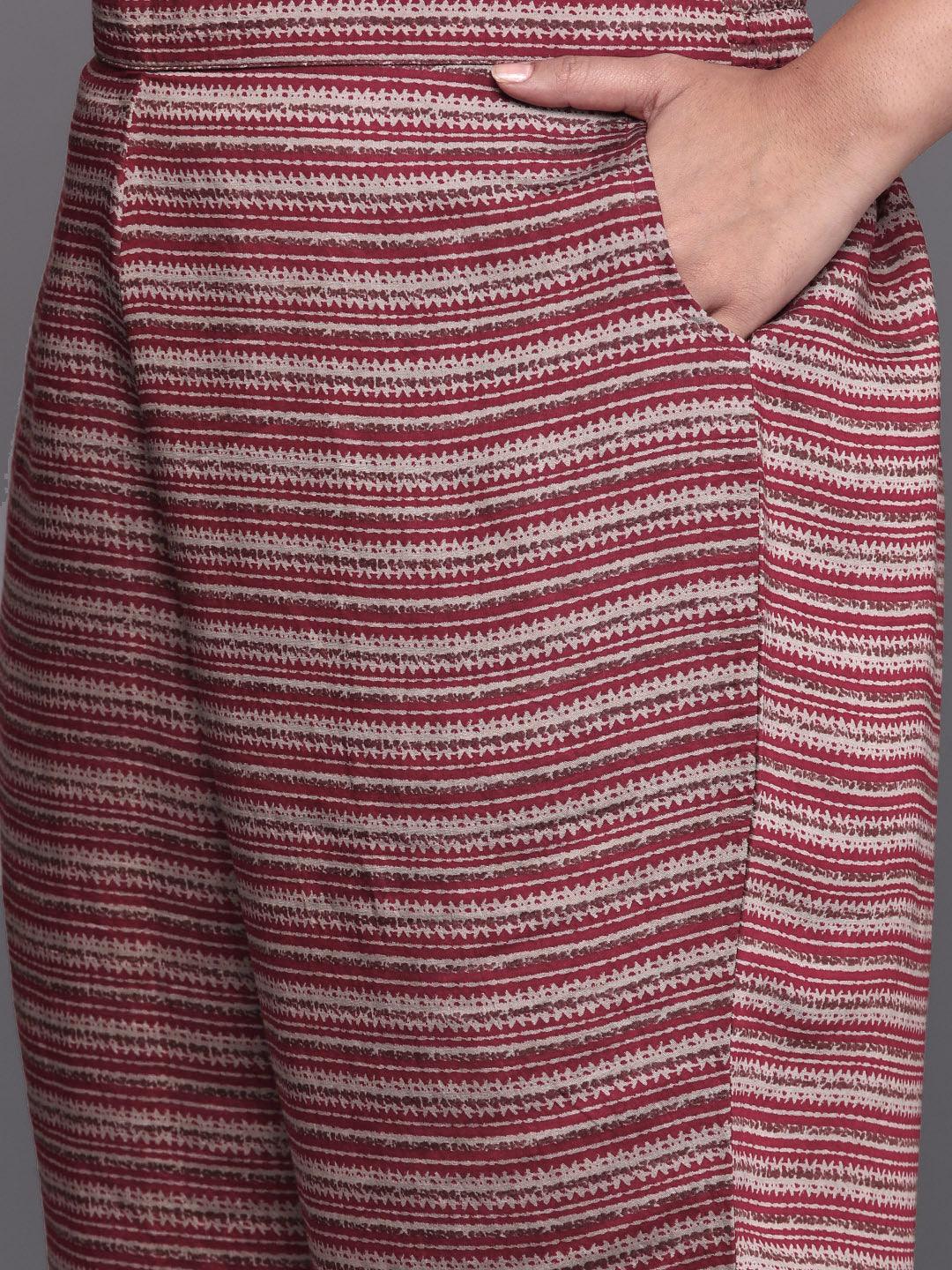 Maroon Printed Silk Blend Straight Kurta With Trousers & Dupatta - Libas