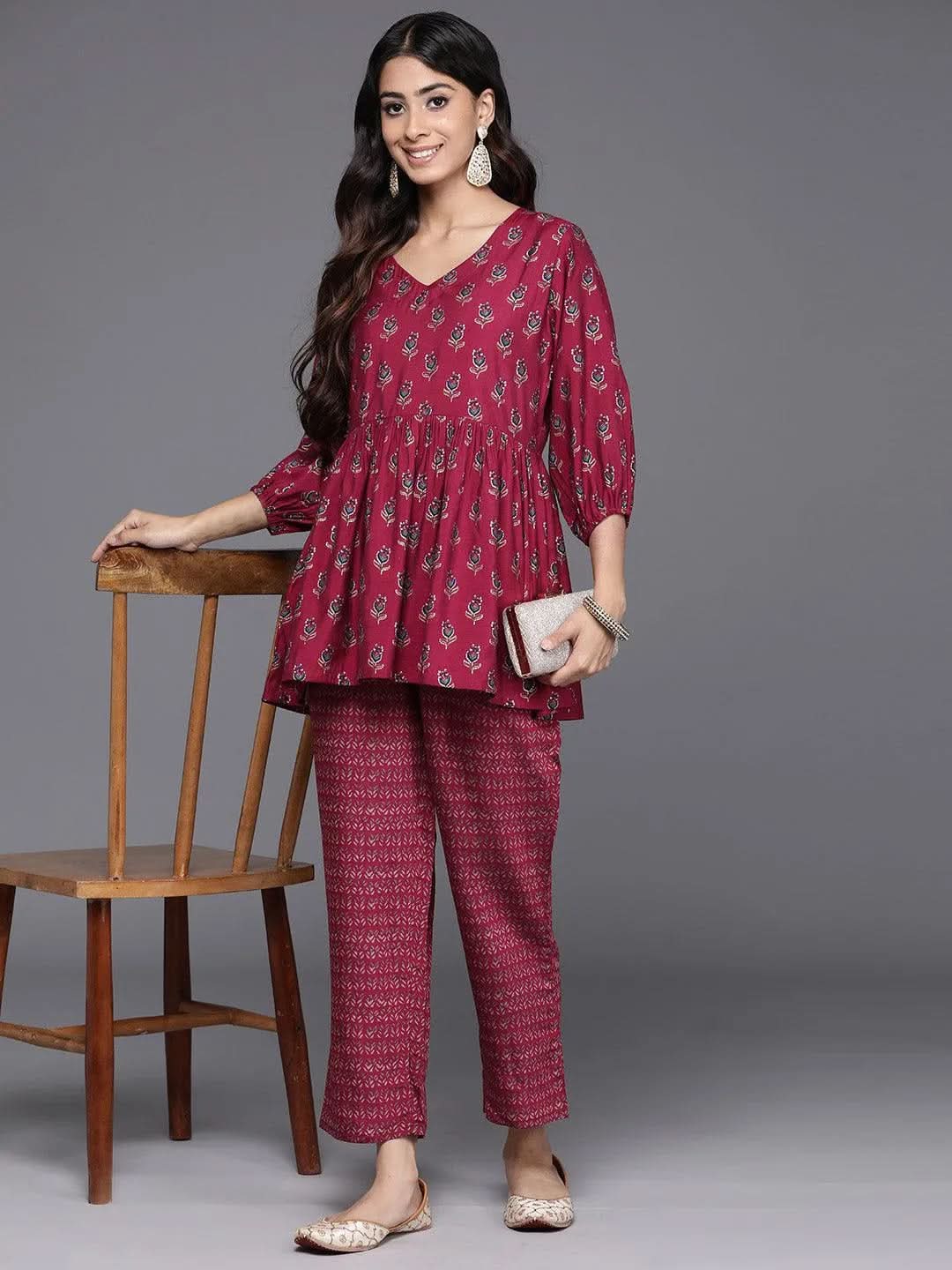 Maroon Printed Silk Blend Top With Trousers - Libas 