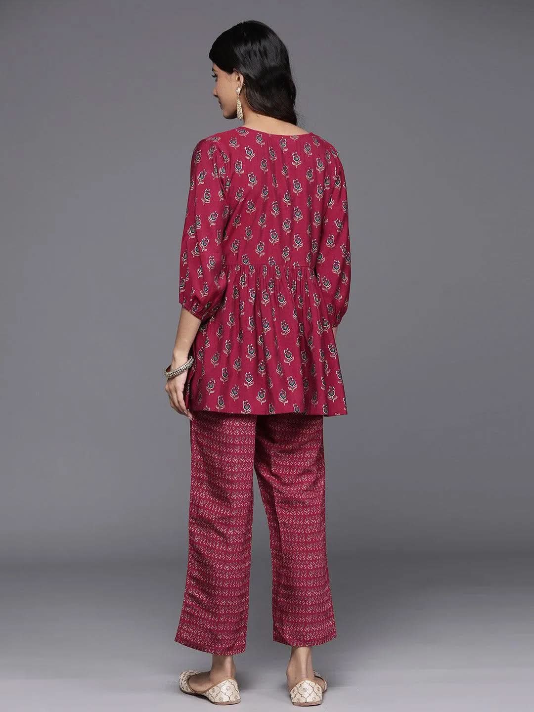 Maroon Printed Silk Blend Top With Trousers - Libas 