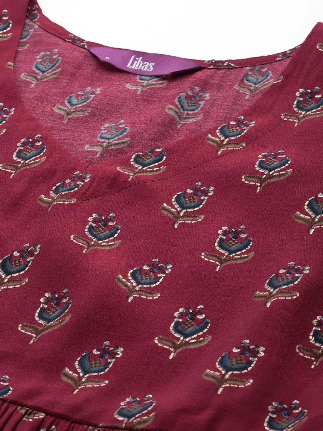 Maroon Printed Silk Blend Top With Trousers - Libas 