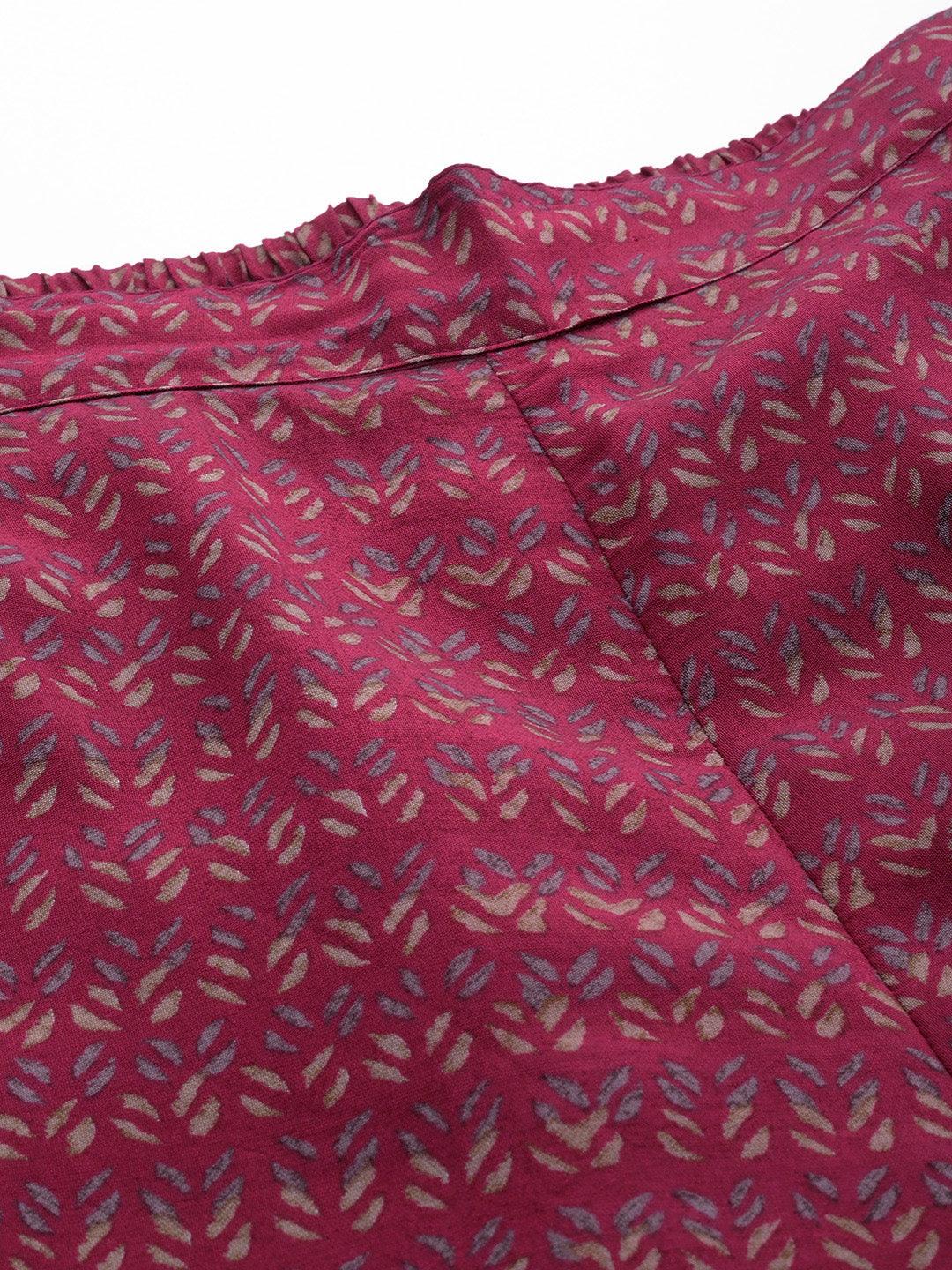 Maroon Printed Silk Blend Top With Trousers