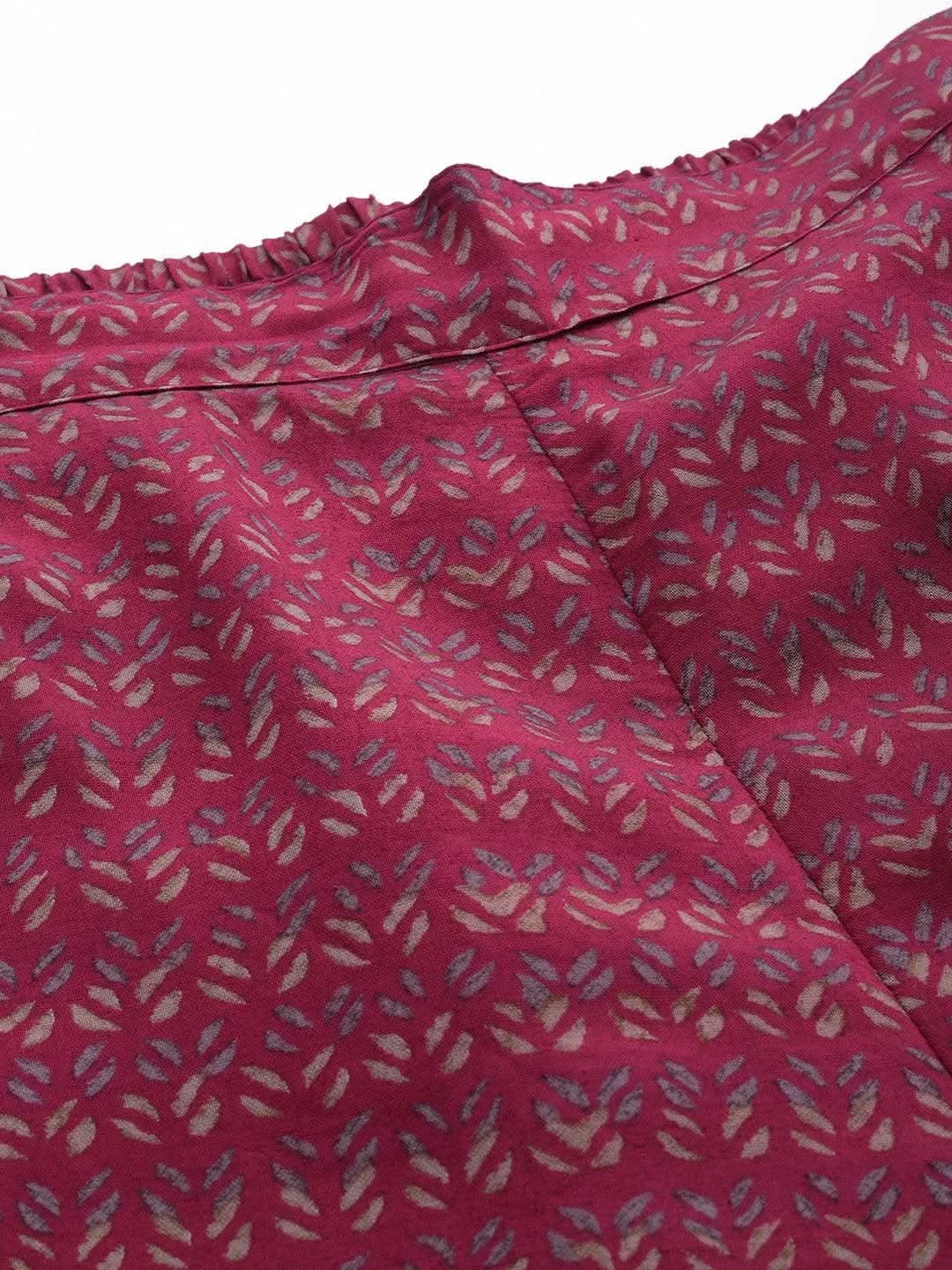 Maroon Printed Silk Blend Top With Trousers - Libas 