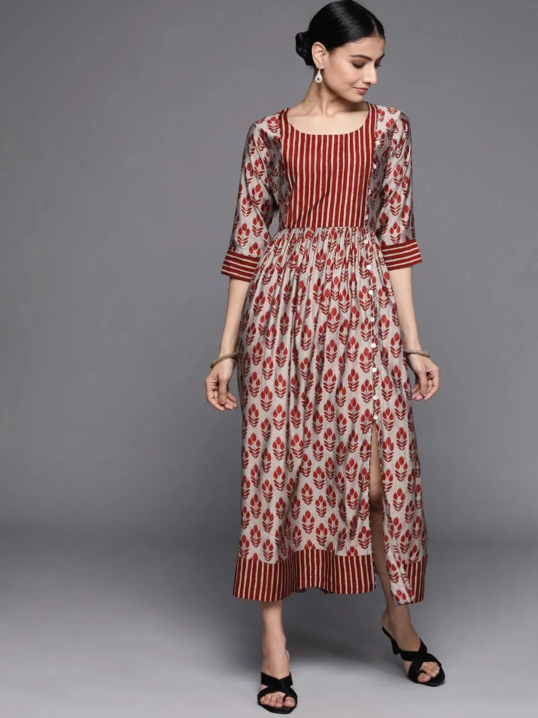 Maroon Printed Silk Dress - Libas