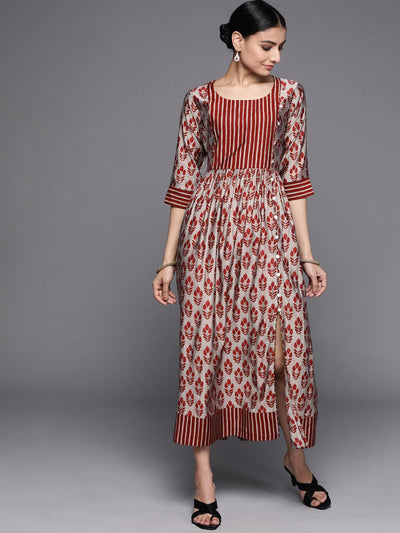 Maroon Printed Silk Dress - Libas