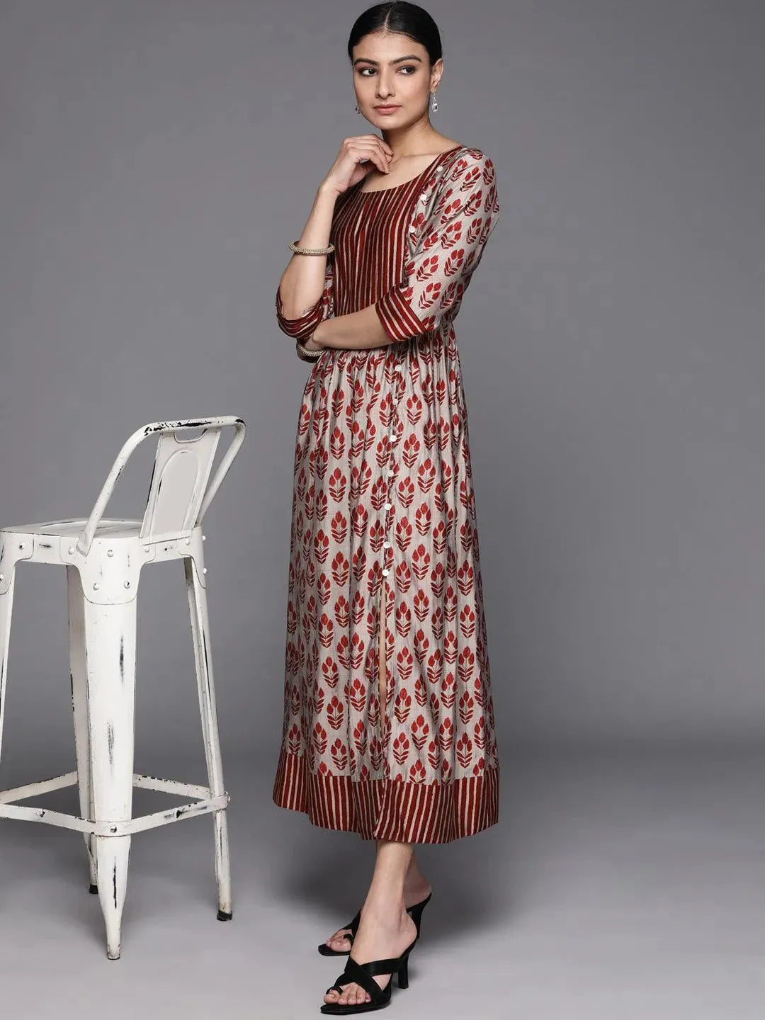 Maroon Printed Silk Dress - Libas