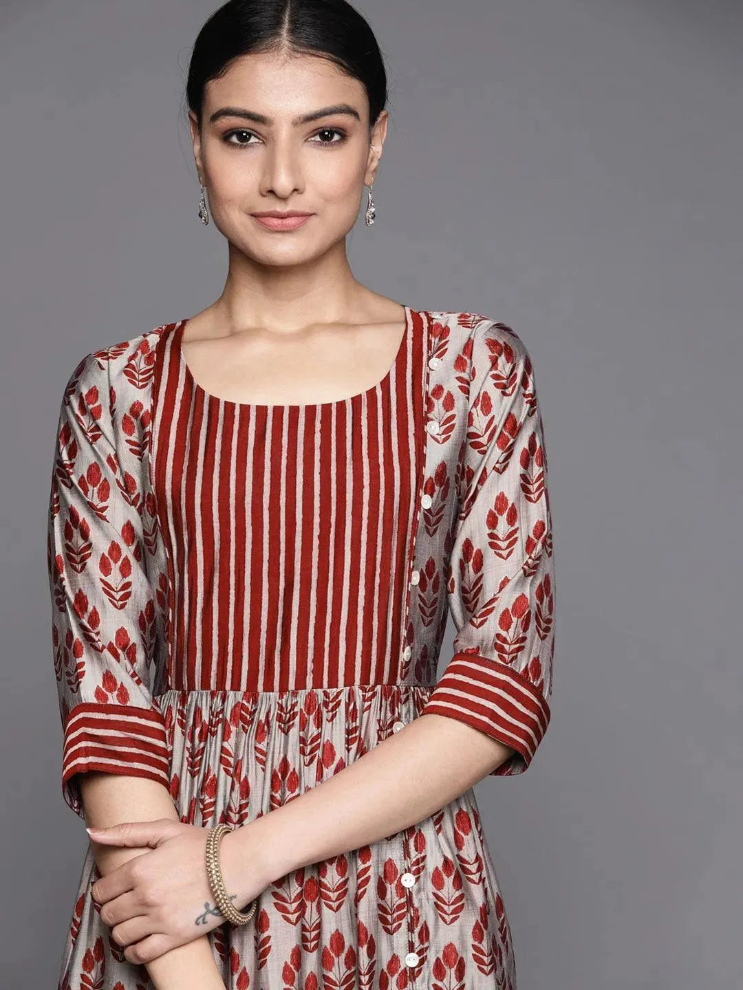 Maroon Printed Silk Dress - Libas