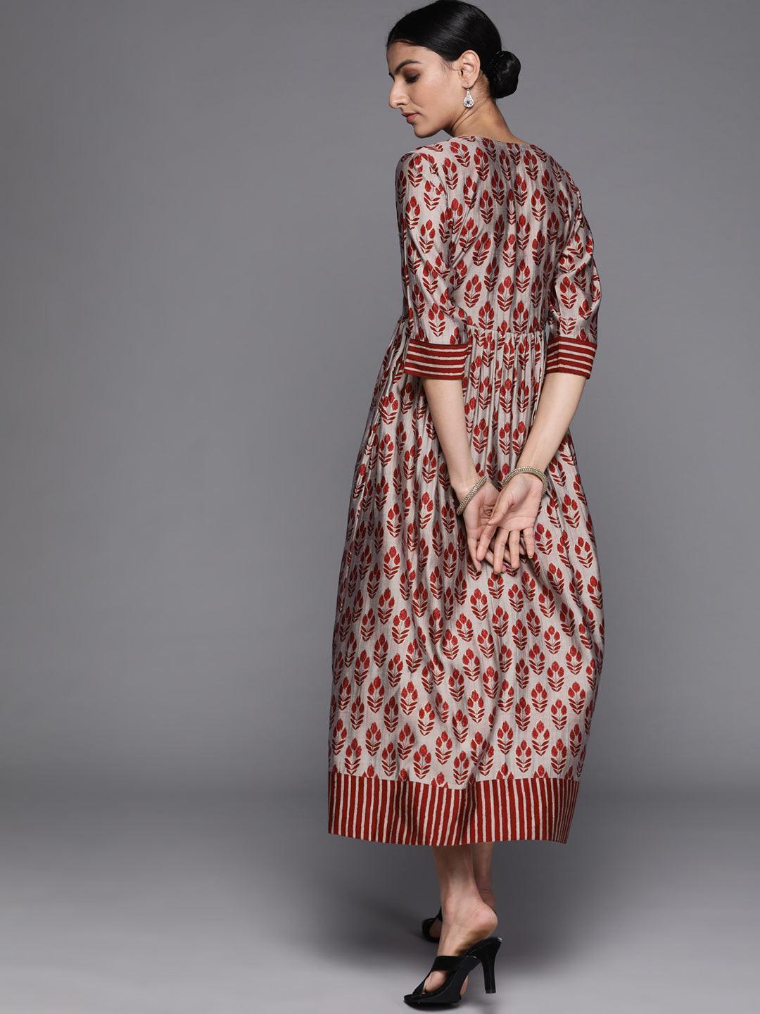 Maroon Printed Silk Dress - Libas