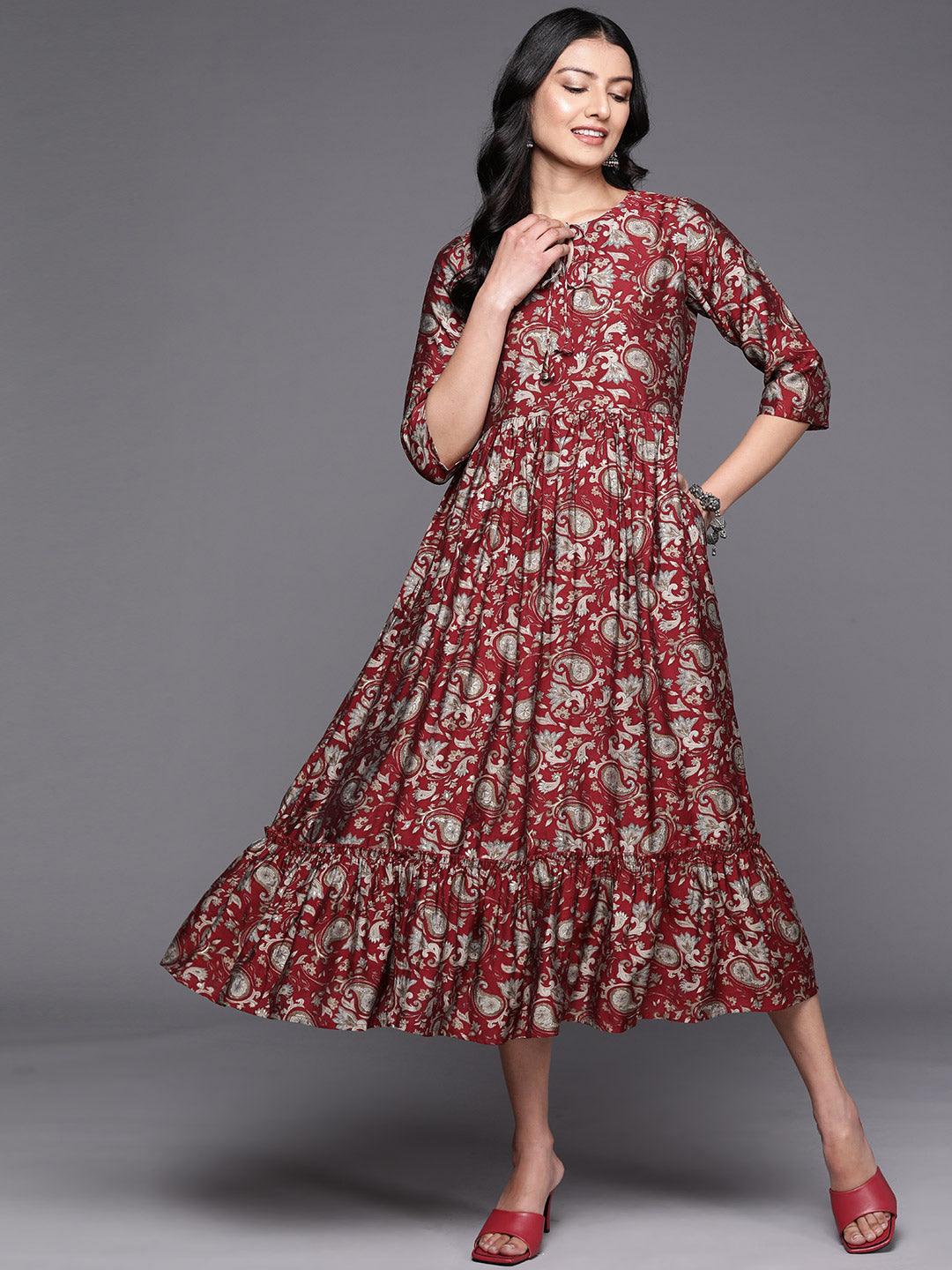 Maroon Printed Silk Fit and Flare Dress