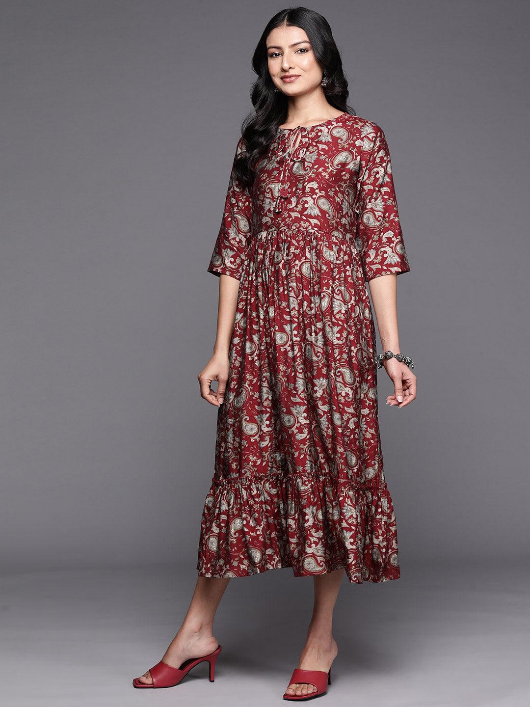 Maroon Printed Silk Fit and Flare Dress - Libas