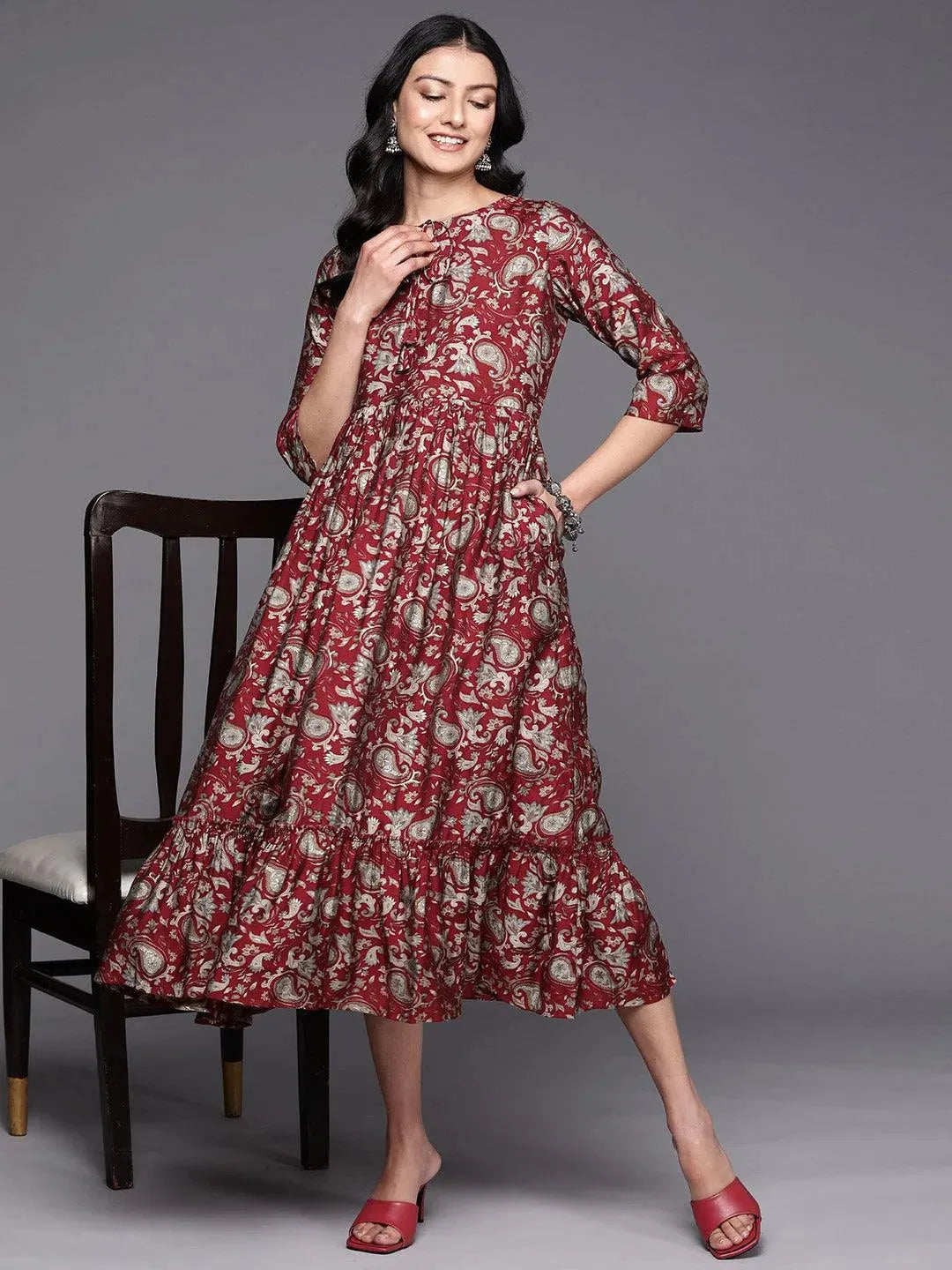 Maroon Printed Silk Fit and Flare Dress - Libas