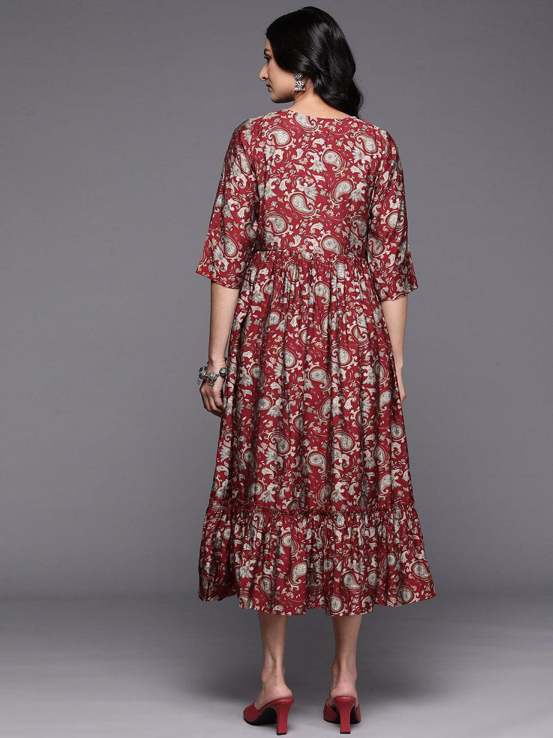 Maroon Printed Silk Fit and Flare Dress