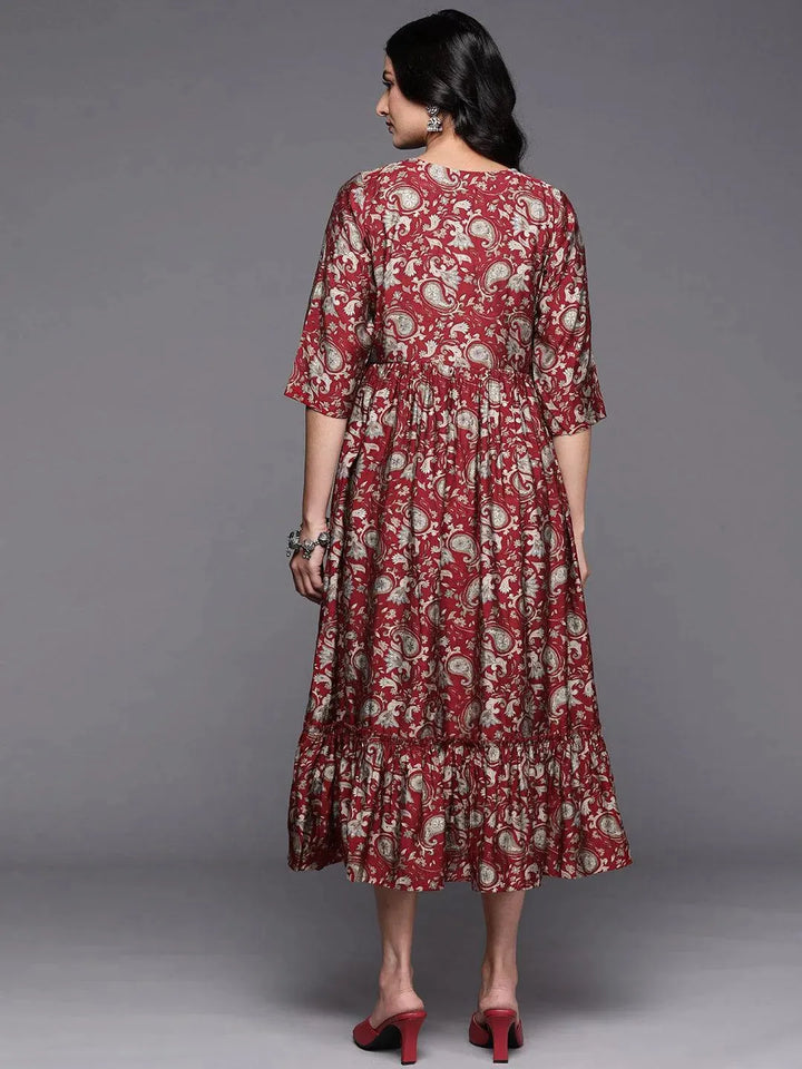 Maroon Printed Silk Fit and Flare Dress - Libas