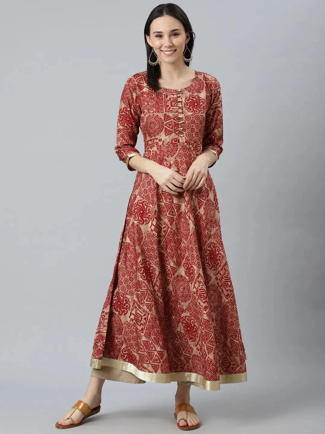 Maroon Printed Silk Kurta - Libas