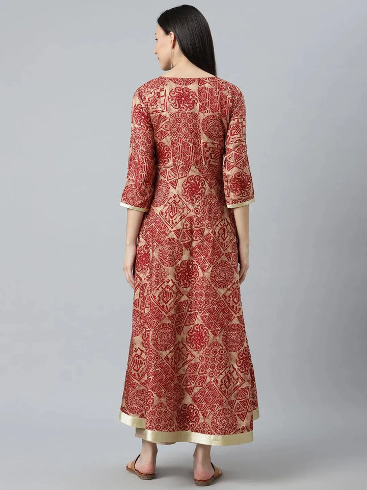 Maroon Printed Silk Kurta - Libas