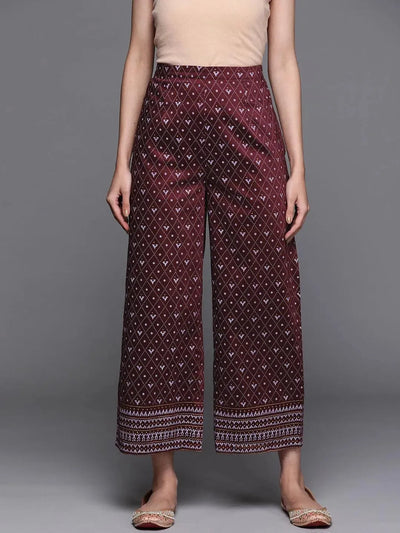 Maroon Printed Silk Palazzos - Libas