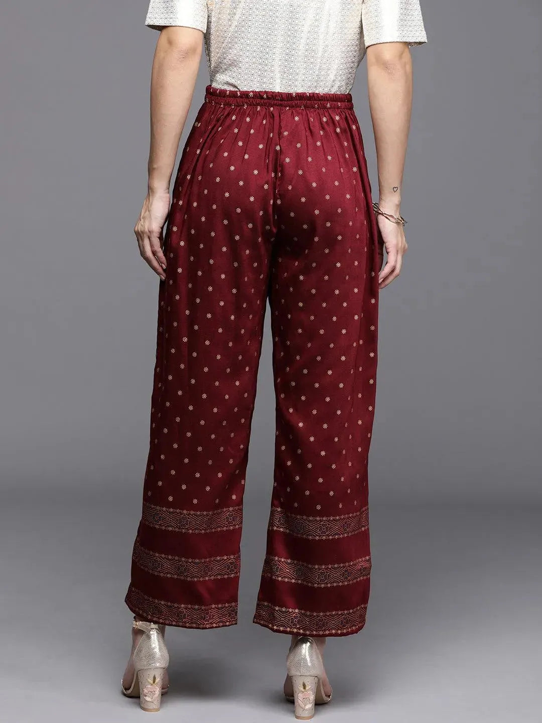 Maroon Printed Silk Palazzos - Libas