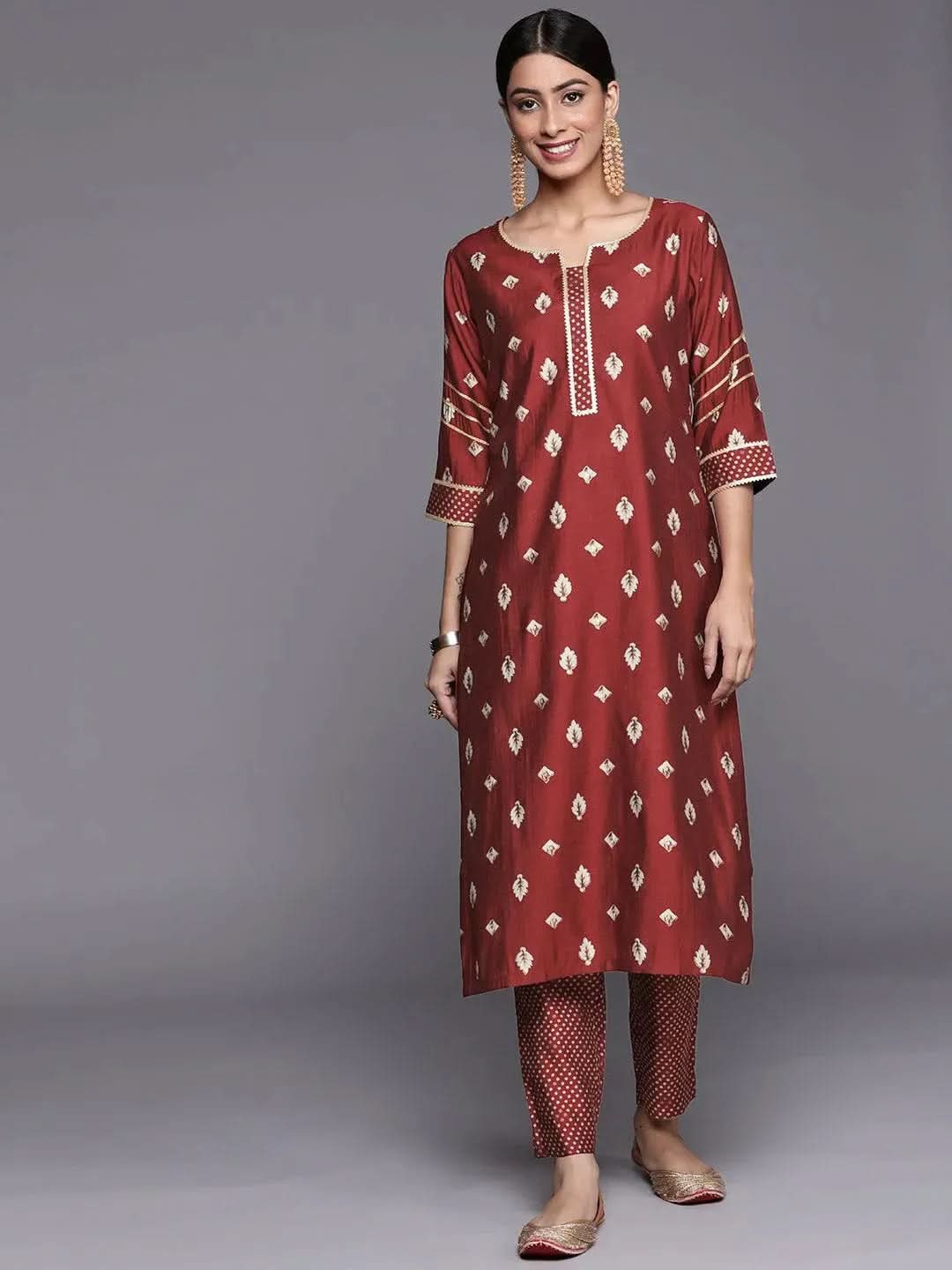 Maroon Printed Silk Straight Kurta-image-21