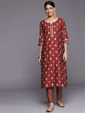 Maroon  Printed Silk Straight Kurta