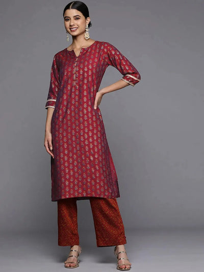 Maroon Printed Silk Straight Kurta - Libas