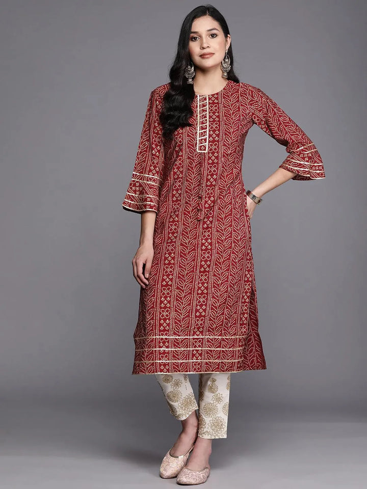 Maroon Printed Silk Straight Kurta - Libas