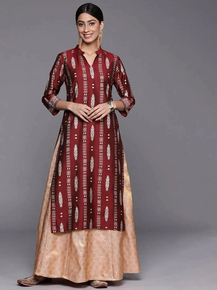 Maroon Printed Silk Straight Kurta - Libas