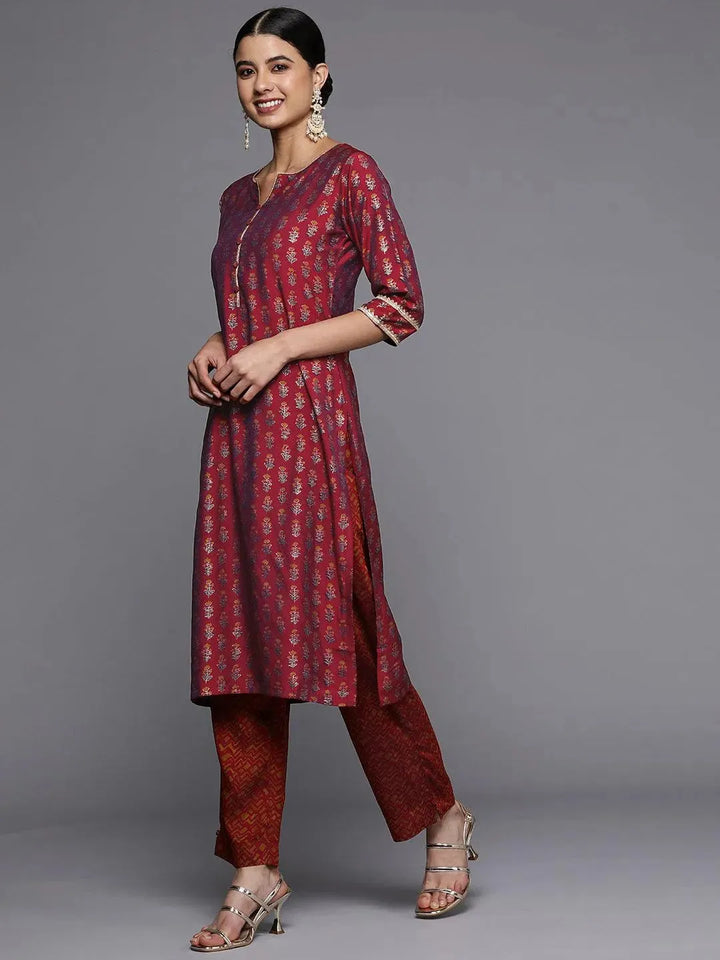 Maroon Printed Silk Straight Kurta - Libas