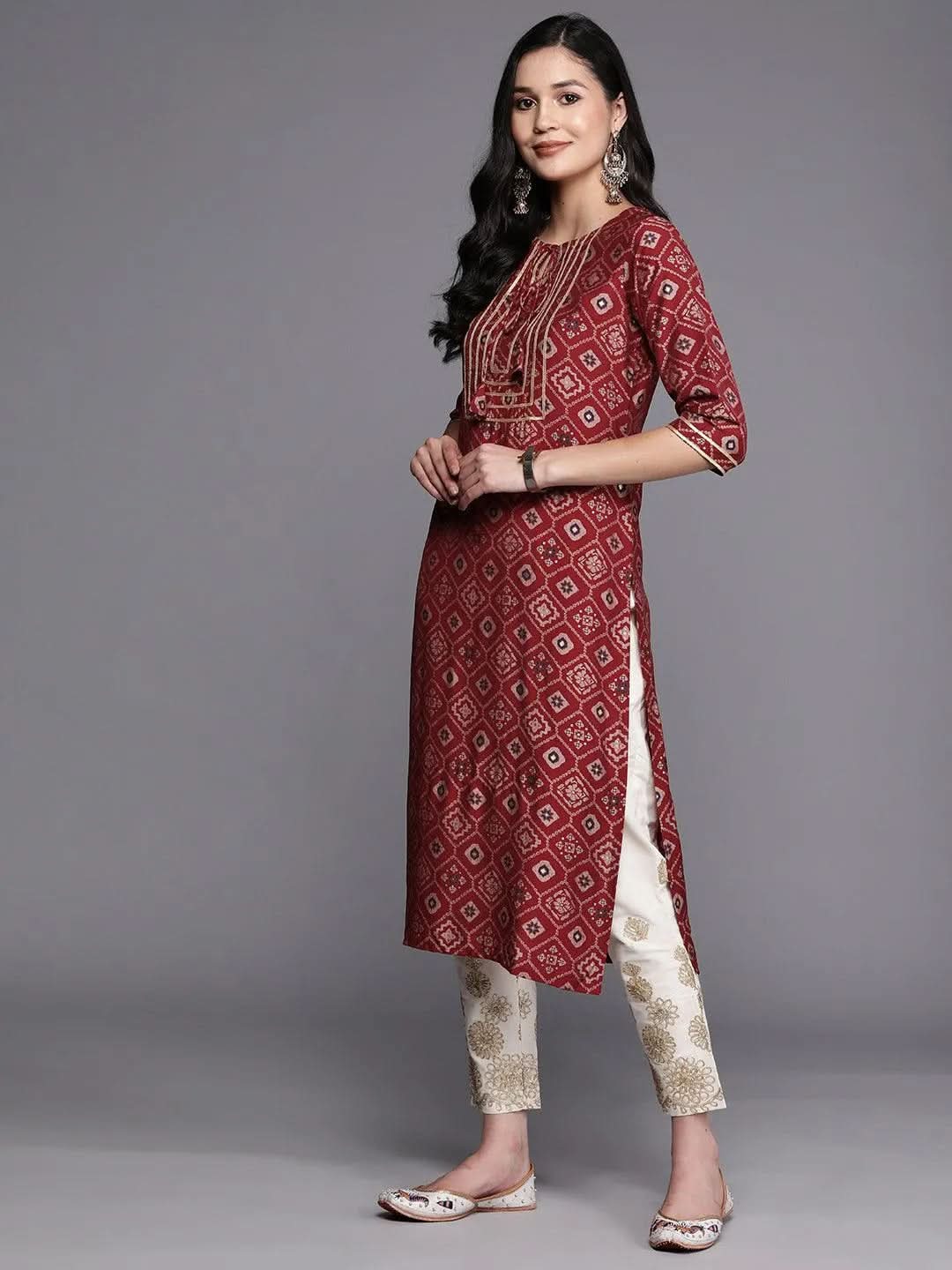 Maroon Printed Silk Straight Kurta - Libas 