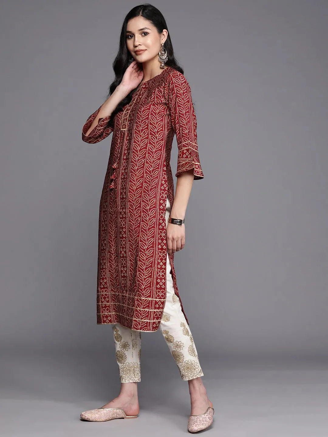 Maroon Printed Silk Straight Kurta - Libas 