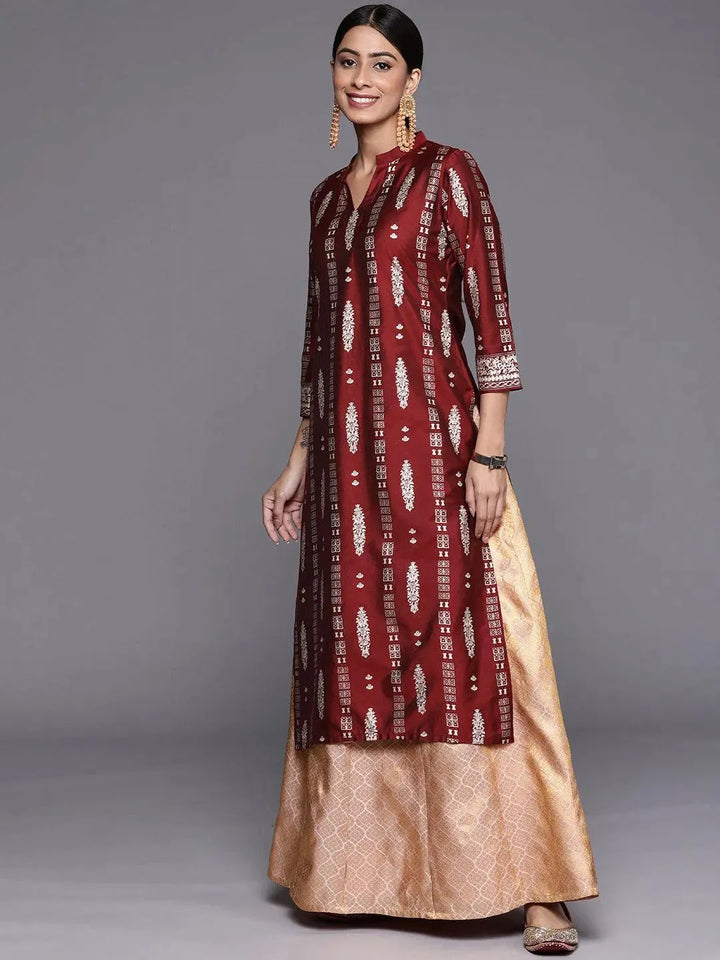 Maroon Printed Silk Straight Kurta - Libas